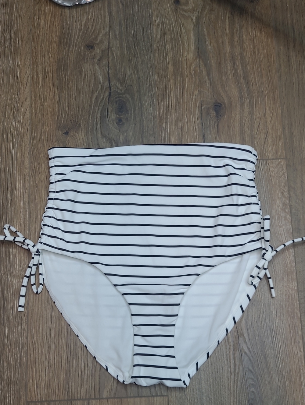 CALIA High Waisted Ruched Side-Tie Swim Bottoms Black & White Stripe XS